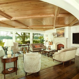 Living Room with Picture Windows and Butternut Wood Ceiling and Beams
