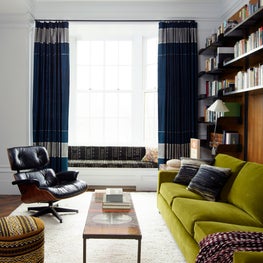 Portfolio: Central Park Apartment, Modern, Large Windows, Media & Library Room, Green Sofa