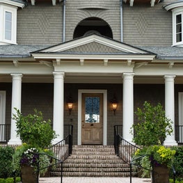 Shingle Style Front Porch with Tuscan Columns and Slate Roof