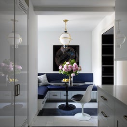 West Side Apartment, Chic White Breakfast Room, Built-in Bench, Stripes