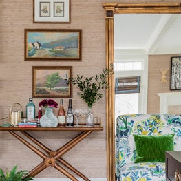 Bar cart tray with floor mirror grasscloth wallpaper Schumacher Citrus Garden