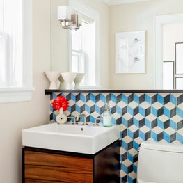 Fresh Modern Powder Room with Cement Encaustic Tile - Scarsdale, New York