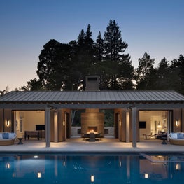 Bay Area Custom Dream Home, Poolhouse with outdoor dining and daybed setting