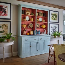 Three Barn Farm Great Room. Custom sideboard cabinet in light teal.