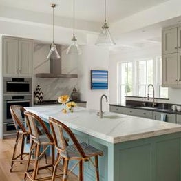 Kitchen with Island Dining, Shaker Cabinetry, Marble Backsplash