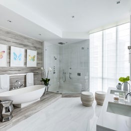 The stunning master bath featuring Dolomite marble