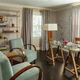 Lavender Chinoiserie Wallpapered Office with Glass Desk and Austrian Deco Chairs