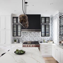 16 Avenue Residence, Kitchen with white-and-gray tiles by Kelly Wearstler