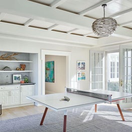 Game Room, Benjamin Moore Paint, Janus et Cie Ping Pong Table, Palecek Bench, Bar Area – Pine Lake Project