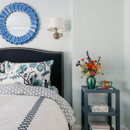 Glenview Bedroom. Navy and blue bedroom with small print wallcovering & upholstered bed.
