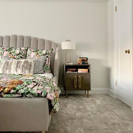 East 70th Street Master Bedroom, Velvet Upholstered Bed, Jungle Print Sheets