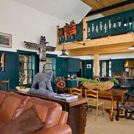 Mountain West Retreat: Great Room looking towards Kitchen and Loft