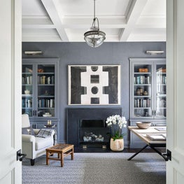 Office, Blue Phillip Jeffries Wallcovering, Alicia Adams Alpaca Throw, Golden Triangle Coffee Table, Noir Furniture Side Table, Stark Carpet Rug, Urban Electric Overhead Lighting, Statement Art - Coastal-Inspired Chicago Project