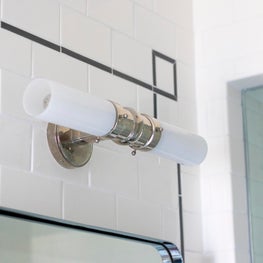 Modern bathroom sconce patterned tile inlay Sophia Shibles Interiors