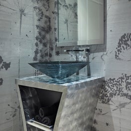 Palm Beach Modern Opulence - bathroom in silver metalic wallpaper, custom vanity