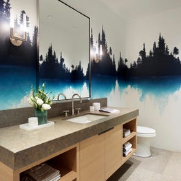 Tahoe Marvel, Powder room with Trove Wallpaper and a floating vanity. 