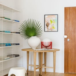 Mies : Open Shelving, Center Table, Tribal Rug, Elephant Stool, Art