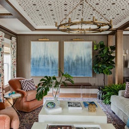 Mauve tan brown living room white lacquer coffee table ceiling wallpaper