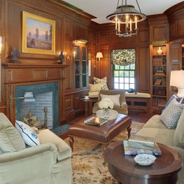 Traditional Paneled Mahogany Library and Fireplace with Stone Surround
