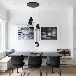16th Ave Breakfast room with built-in banquette, tri-pendant lighting