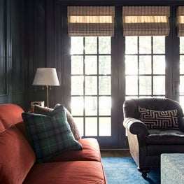 Library with dark paneled walls & bright sofa