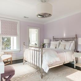 Refined Guest Bedroom, Lavender, Brass Bed, Shaded Chandelier, Geometric Shades