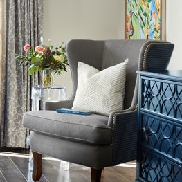 Chicago, Master bedroom blue, grey and metal accents 