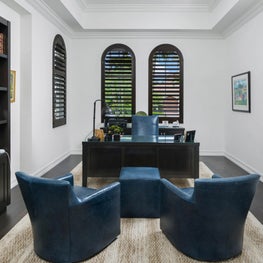 Expansive Decadent Waterfront - office, desk, bookcase, blue leather, club chairs
