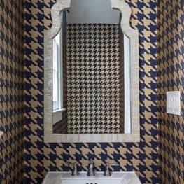 Uptown New Orleans powder room in vinyl houndstooth wallpaper, gold and blue    