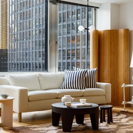 Mies : Mid Century Sofa, Tribal Rug, Bamboo Screen, Noguchi Lamp, Marble Side Table