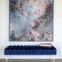 Portfolio: Entry design with a galaxy-inspired art piece and a dark blue bench