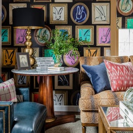 Hunt Slonem bunny wallpaper colorful living room deerskin fabric nailhead blue