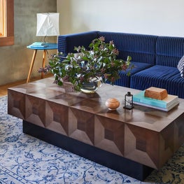 Venice Beach Office with Navy Sofa and Vintage Rug