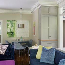 Historic Chestnut Hill Family Room with Built-In Cabinets and Tall Yellow Lamp