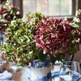 Upstate NY farmhouse, dining room table setting and floral arrangement.