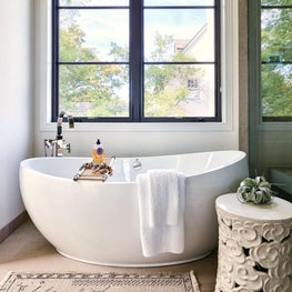 White Bathroom, White Bathtub, White Walls, Master Bathroom, Silk Rug, Limestone Tile, Waterworks Hardware - Glencoe Contemporary Project