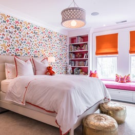 Girls Pink & Orange Bedroom,Butterfly Wall Covering,Moroccan Poufs,Window Seat