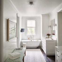 White Master Bathroom, White Bathtub, Custom Green Bench, Oscar Isberian Rug, Waterwork, Circa Overhead Lighting, s Sconces, Dark Hardwood Flooring - Coastal-Inspired Chicago Project