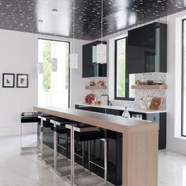 Portfolio: Contemporary bar area and white pendants hanging from a black ceiling at the Friar Tuck home.