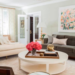 Pastel Living Room with Sputnik Style Chandelier 