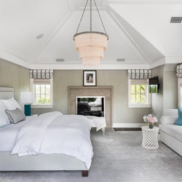 Bedroom with Vaulted Ceiling & Fireplace, Turquoise Accents, Tiered Pendant