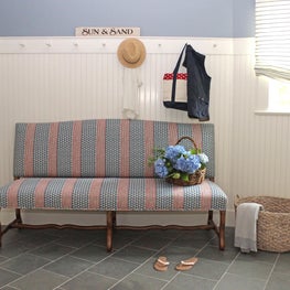 Red white and blue bench w striped linen roman shade, slate floor mudroom