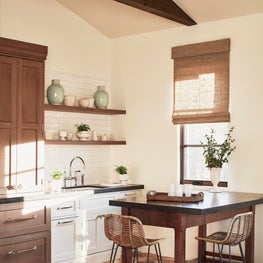 Malibu Spanish Colonial, Kitchenette Featuring Custom Cabinets with Open Shelves