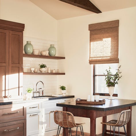 Malibu Spanish Colonial, Kitchenette Featuring Custom Cabinets with Open Shelves