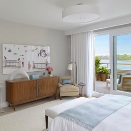 Hamptons / Sag Harbor Penthouse, Bedroom w/ sheer linen drapery framing view