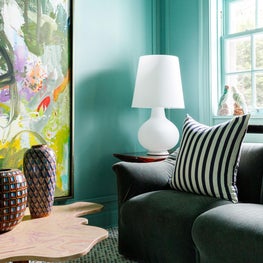 Lake Forest Showhouse 2020 : Marble Mosaic Floor, Mid Century Lamp, Mario Bellini Loveseat, Custom Coffee Table, Abstract Art, Stripe Pillow, Green Walls