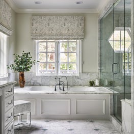 Traditional Master Bath with Pierre Frey Le Couple Window Roman Shades