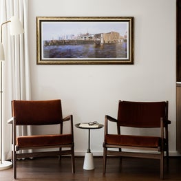 Portfolio: Master bedroom with velvet chairs and a vintage brass accent table