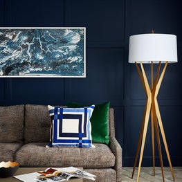 Deep Blue Modern wood paneling with emerald green and gold accents 