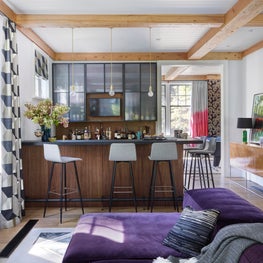 Short Hills Shingle Style Residence, Chic, Colorful, Modern Bar, Glass Cabinets